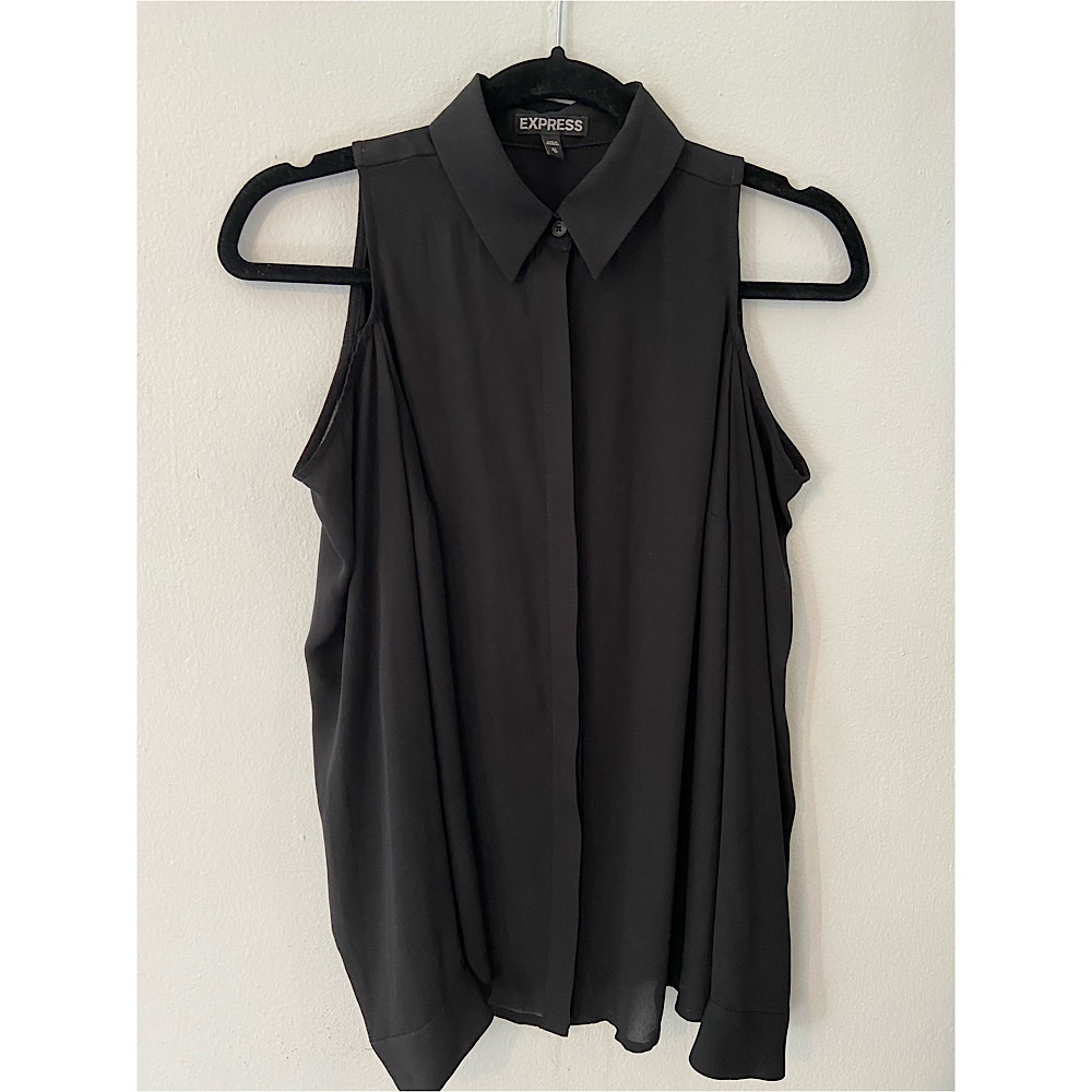 Black Button Down Blouse with Cold Shoulder